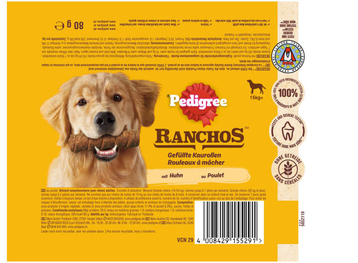 Pedigree Hundeleckerlis RANCHOS Gefüllte Kaurollen mit Huhn, Maxi 15kg+